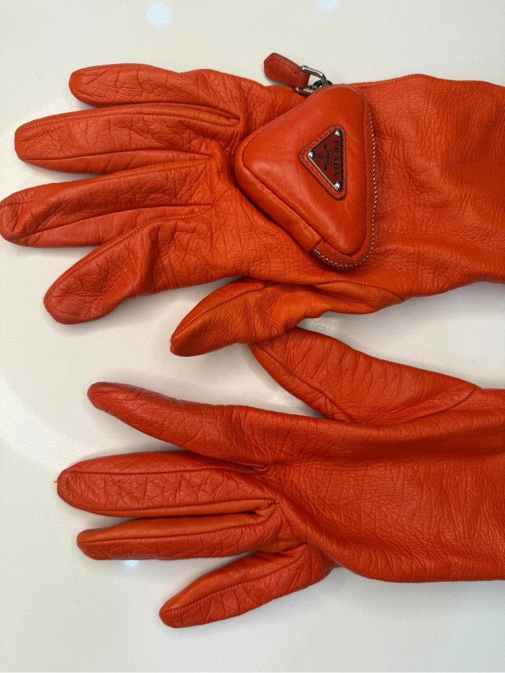 Prada Long Orange Leather Gloves with Triangle Logo Pouch